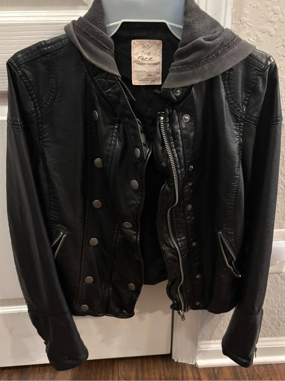 We The Free Black Faux Leather Hooded Bomber with Snap Front